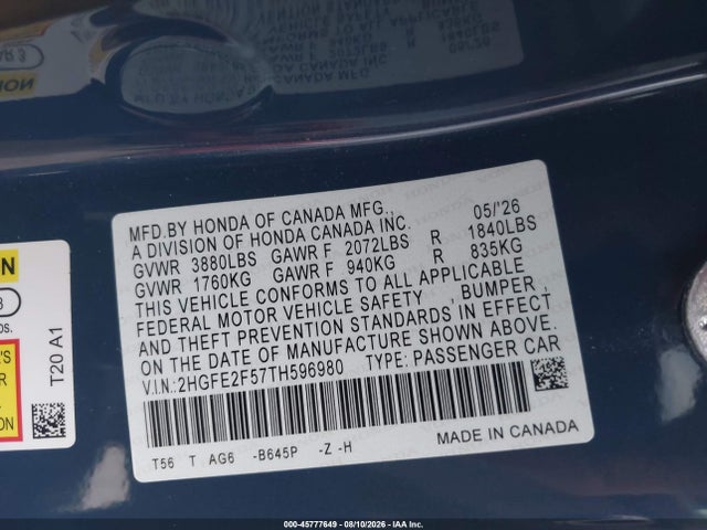Продаж на аукціоні авто 2026 Honda Civic Sport, vin: 2HGFE2F57TH596980, номер лоту: 45777649