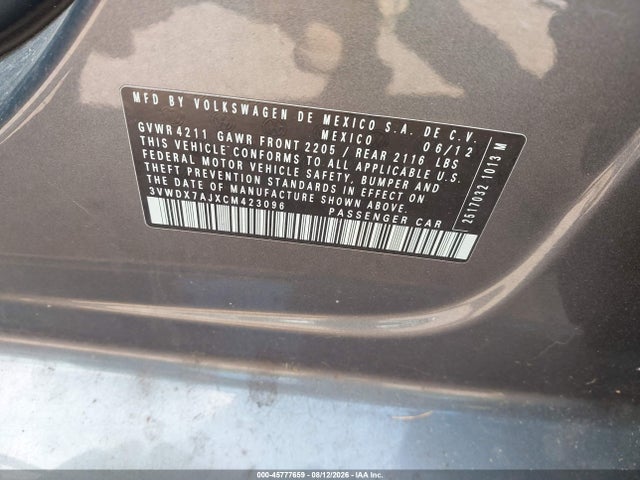 45777659 :رقم المزاد ، 3VWDX7AJXCM423096 vin ، 2012 Volkswagen Jetta 2.5l Se مزاد بيع