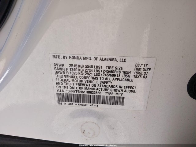 Honda Pilot Ex-l 2017 5FNYF5H51HB032855 Image 9