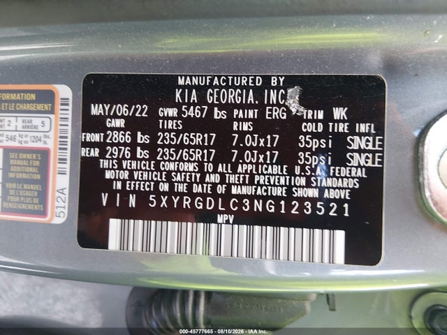 KIA SORENTO LX 2022 5XYRGDLC3NG123521 Image 9