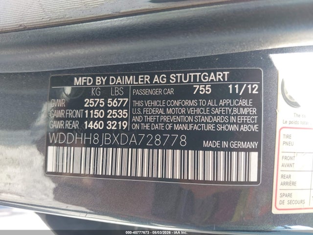 45777673 :رقم المزاد ، WDDHH8JBXDA728778 vin ، 2013 Mercedes-benz E 350 4matic مزاد بيع