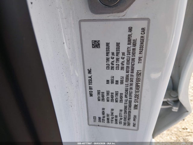 Продаж на аукціоні авто 2023 Tesla Model 3 Rear-wheel Drive, vin: 5YJ3E1EA9PF691921, номер лоту: 45777687