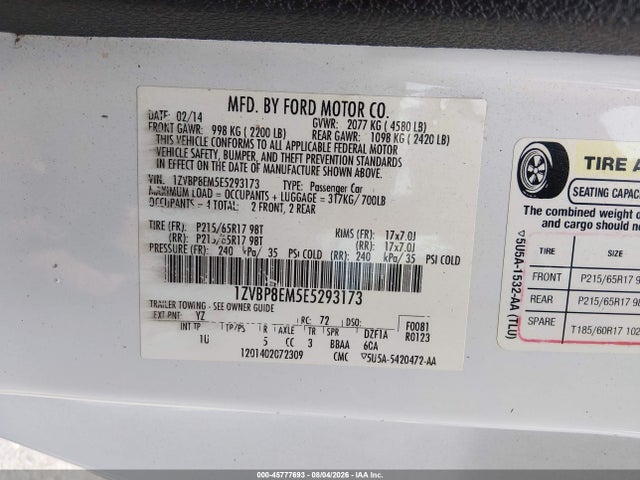 2014 Ford Mustang V6 მანქანა იყიდება აუქციონზე, vin: 1ZVBP8EM5E5293173, აუქციონის ნომერი: 45777693