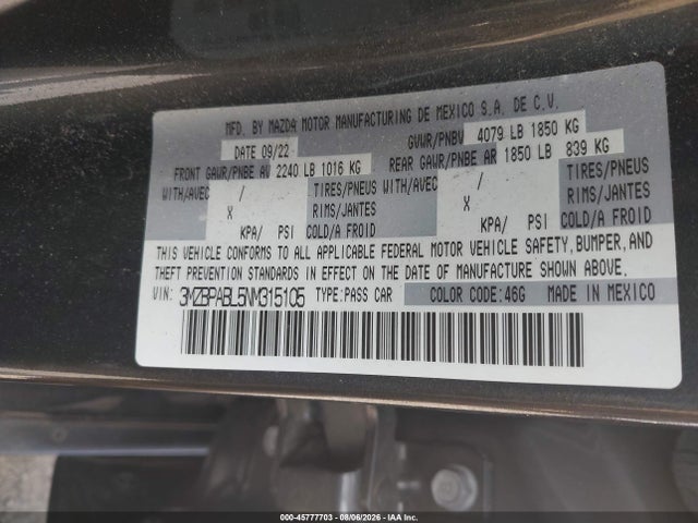 45777703 :رقم المزاد ، 3MZBPABL5NM315105 vin ، 2022 Mazda Mazda3 Select مزاد بيع