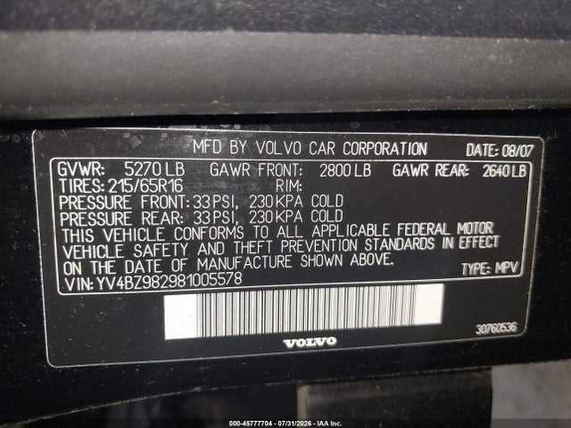 Продажа на аукционе авто 2008 Volvo Xc70 3.2, vin: YV4BZ982981005578, номер лота: 45777704