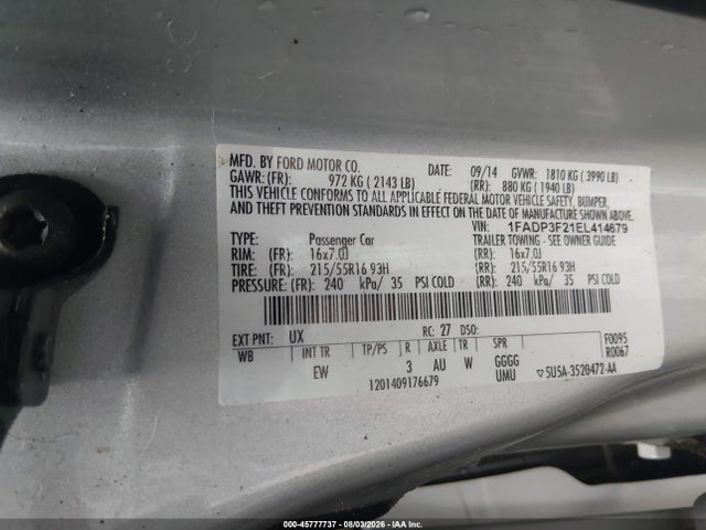 Aukcja sprzedaży 2014 Ford Focus Se, vin: 1FADP3F21EL414679, numer aukcji: 45777737