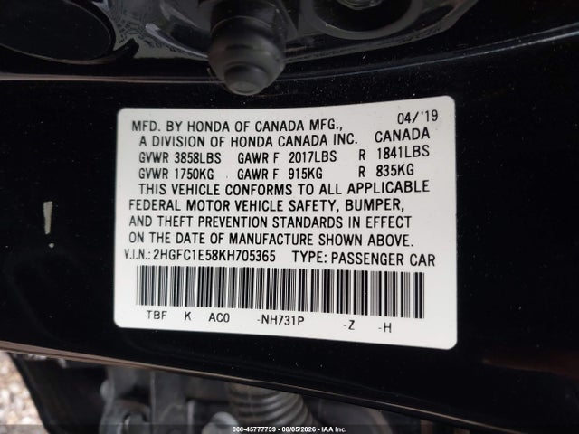 Aukcja sprzedaży 2019 Honda Civic Si, vin: 2HGFC1E58KH705365, numer aukcji: 45777739