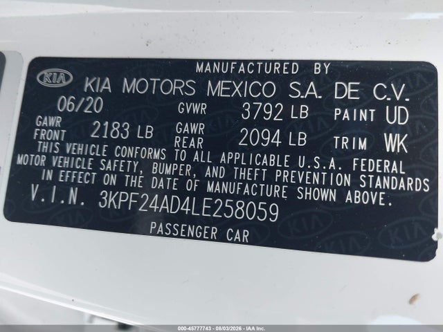 45777743 :رقم المزاد ، 3KPF24AD4LE258059 vin ، 2020 Kia Forte Fe مزاد بيع