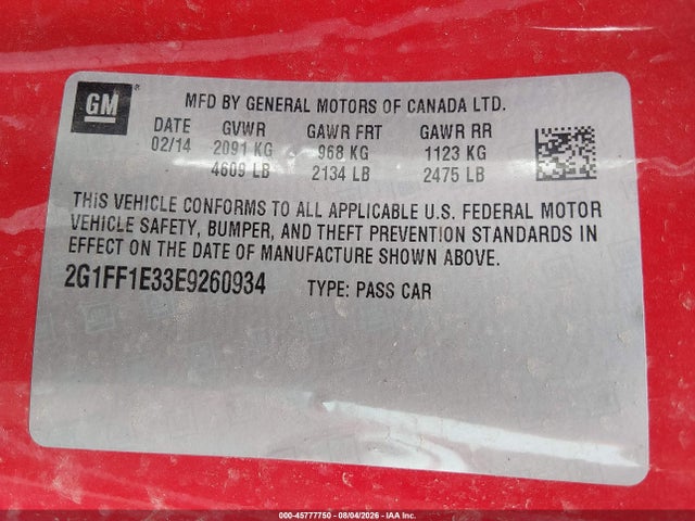 2014 Chevrolet Camaro 1lt მანქანა იყიდება აუქციონზე, vin: 2G1FF1E33E9260934, აუქციონის ნომერი: 45777750