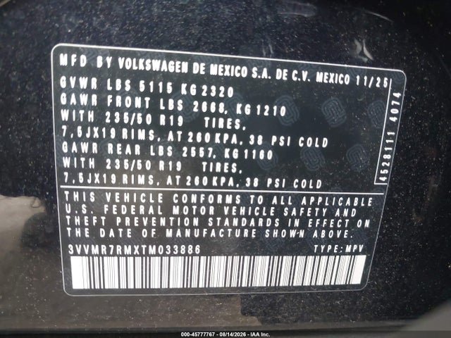 Aukcja sprzedaży 2026 Volkswagen Tiguan Se, vin: 3VVMR7RMXTM033886, numer aukcji: 45777767