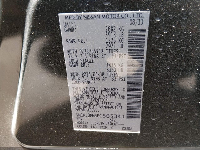 2014 Infiniti Qx60 მანქანა იყიდება აუქციონზე, vin: 5N1AL0MM4EC505341, აუქციონის ნომერი: 45777770