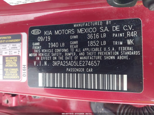 Aukcja sprzedaży 2020 Kia Rio 5-door S, vin: 3KPA25AD5LE274657, numer aukcji: 45777810