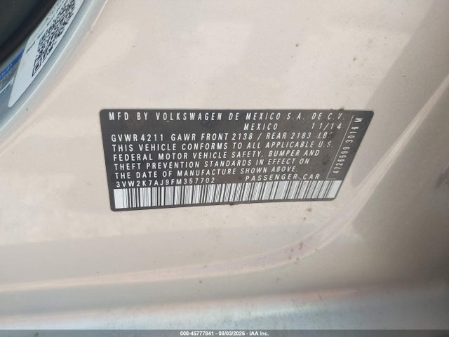 45777841 :رقم المزاد ، 3VW2K7AJ9FM357702 vin ، 2015 Volkswagen Jetta 2.0l S مزاد بيع