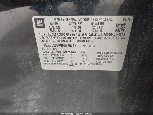2015 Gmc Terrain Sle-2 მანქანა იყიდება აუქციონზე, vin: 2GKFLWEK8F6375718, აუქციონის ნომერი: 45777843