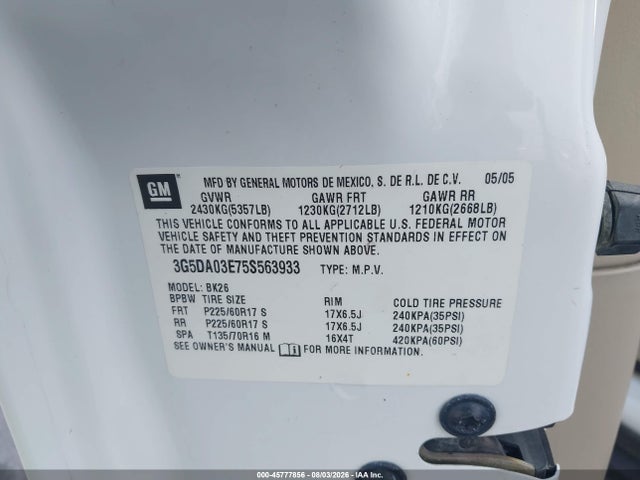 Aukcja sprzedaży 2005 Buick Rendezvous Cx, vin: 3G5DA03E75S563933, numer aukcji: 45777856