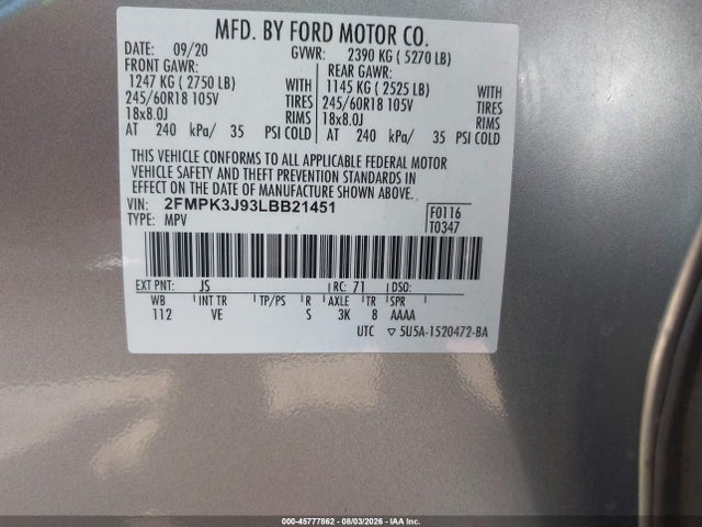 Ford EDGE SEL 2020 2FMPK3J93LBB21451 Image 9