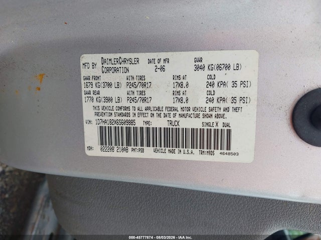 45777874 :رقم المزاد ، 1D7HA182X6S609885 vin ، 2006 Dodge Ram 1500 Slt مزاد بيع