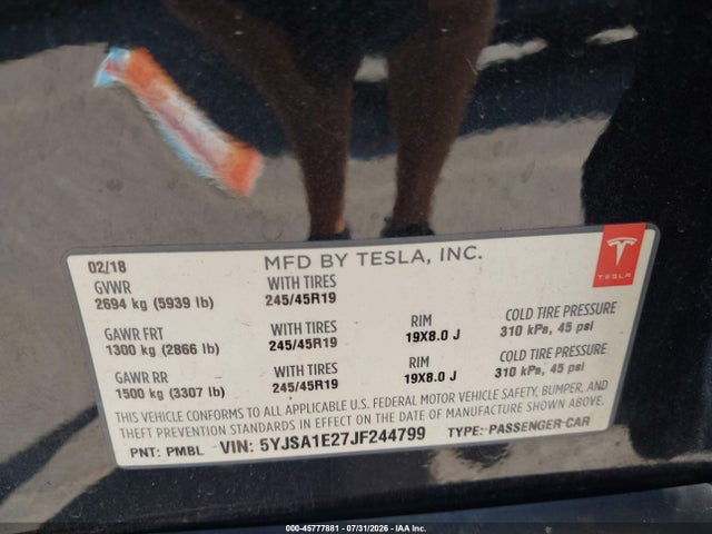 Aukcja sprzedaży 2018 Tesla Model S 100d/75d/p100d, vin: 5YJSA1E27JF244799, numer aukcji: 45777881