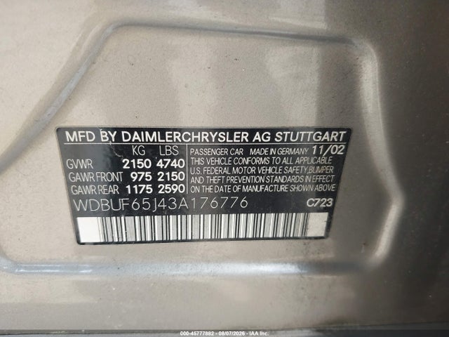 45777882 :رقم المزاد ، WDBUF65J43A166776 vin ، 2003 Mercedes-benz E 320 مزاد بيع