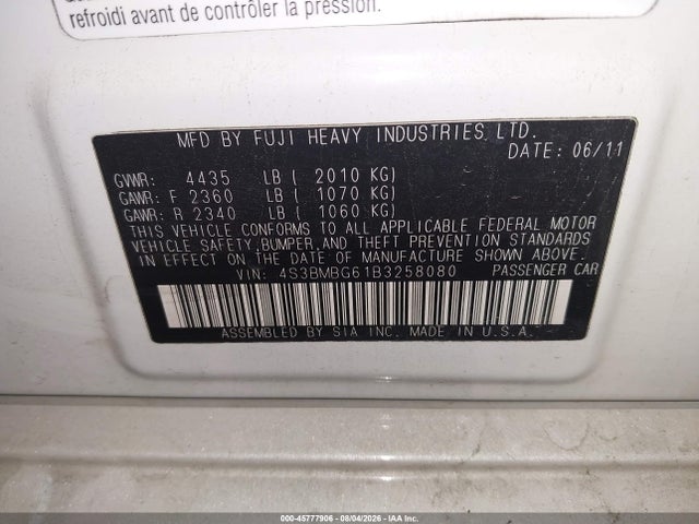 Aukcja sprzedaży 2011 Subaru Legacy 2.5i Premium, vin: 4S3BMBG61B3258080, numer aukcji: 45777906