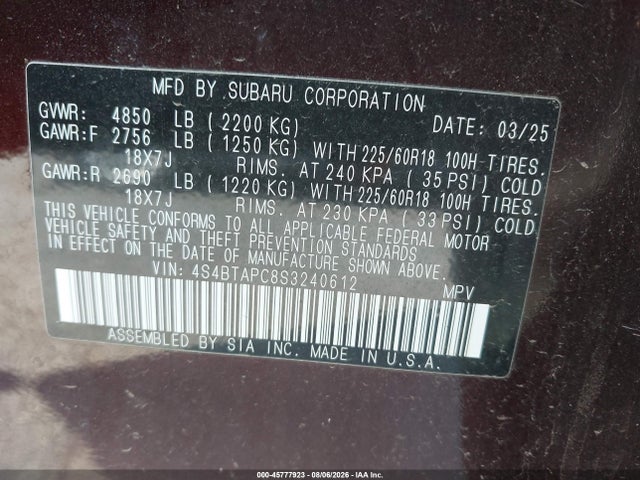 2025 Subaru Outback Touring მანქანა იყიდება აუქციონზე, vin: 4S4BTAPC8S3240612, აუქციონის ნომერი: 45777923