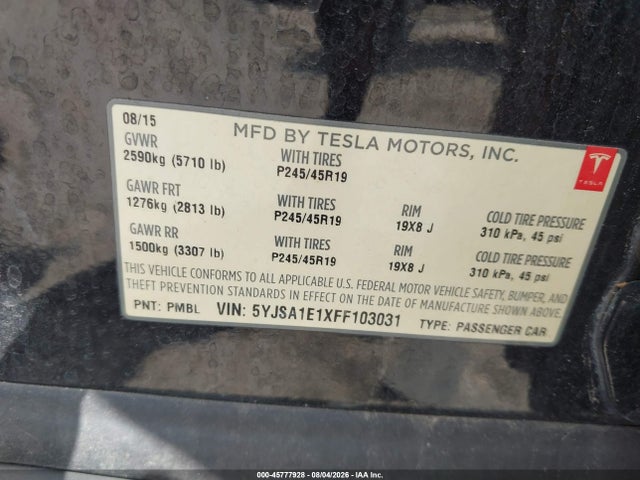 Продаж на аукціоні авто 2015 Tesla Model S 60/70/85, vin: 5YJSA1E1XFF103031, номер лоту: 45777928