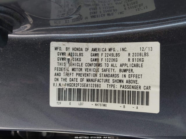 Honda ACCORD LX 2014 1HGCR2F35EA102980 Image 9