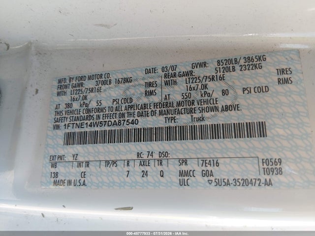 Aukcja sprzedaży 2007 Ford E-150 Commercial/recreational, vin: 1FTNE14W57DA87540, numer aukcji: 45777933