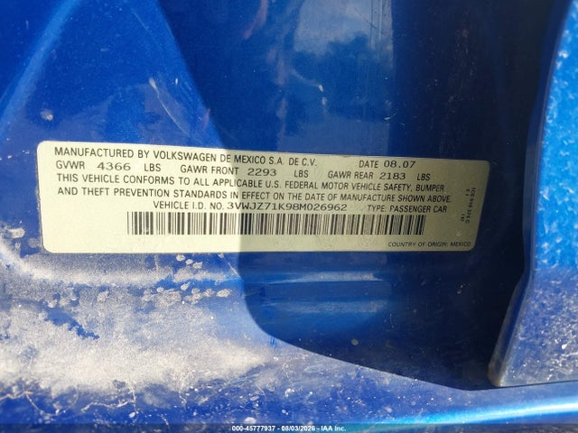 Aukcja sprzedaży 2008 Volkswagen Jetta S, vin: 3VWJZ71K98M026962, numer aukcji: 45777937