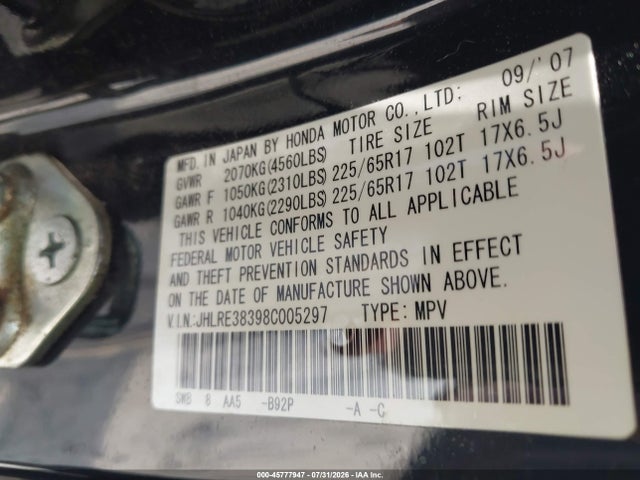 45777947 :رقم المزاد ، JHLRE38398C005297 vin ، 2008 Honda Cr-v Lx مزاد بيع