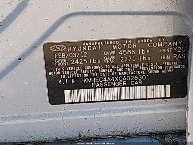 Продаж на аукціоні авто 2012 Hyundai Sonata Hybrid, vin: KMHEC4A4XCA026301, номер лоту: 45777984