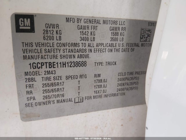 1GCPTBE11H1238688 Chevrolet Colorado 4wd Wt