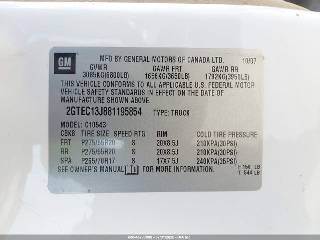 Продаж на аукціоні авто 2008 Gmc Sierra 1500 Sle1, vin: 2GTEC13J881195854, номер лоту: 45777990