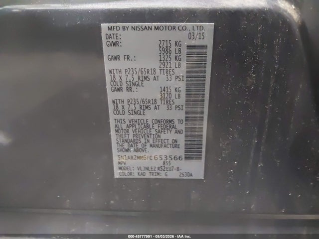 2015 Nissan Pathfinder Platinum/s/sl/sv მანქანა იყიდება აუქციონზე, vin: 5N1AR2MM6FC653566, აუქციონის ნომერი: 45777991