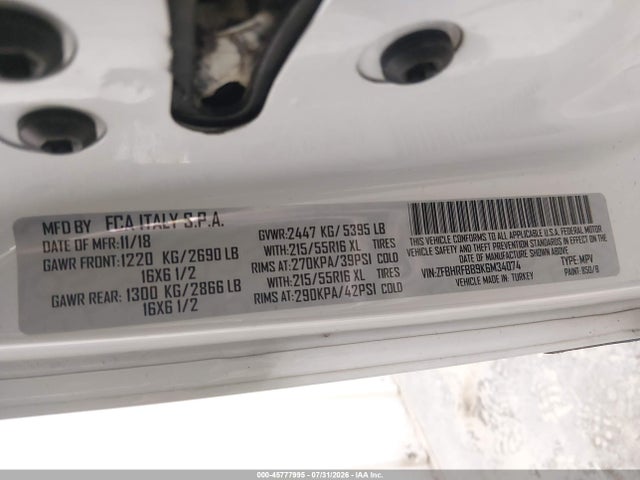 ZFBHRFBB9K6M34074 RAM Promaster City Slt