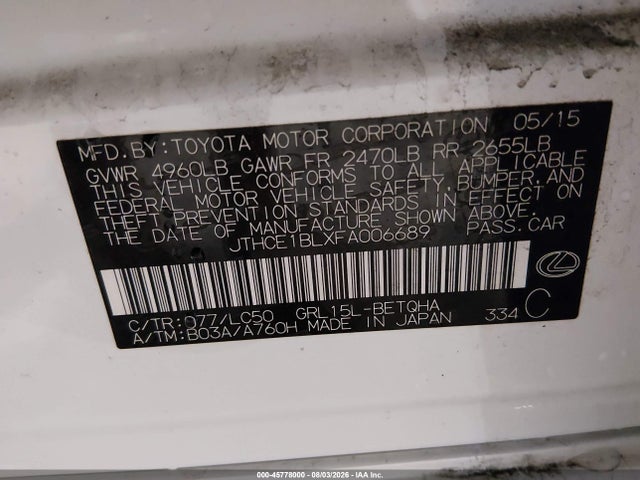 Aukcja sprzedaży 2015 Lexus Gs 350, vin: JTHCE1BLXFA006689, numer aukcji: 45778000