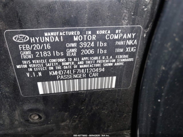 Aukcja sprzedaży 2017 Hyundai Elantra Se, vin: KMHD74LF7HU120494, numer aukcji: 45778002