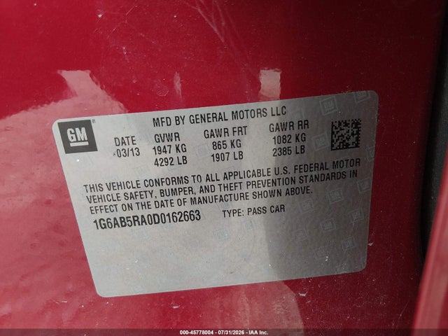 45778004 :رقم المزاد ، 1G6AB5RA0D0162663 vin ، 2013 Cadillac Ats Luxury مزاد بيع