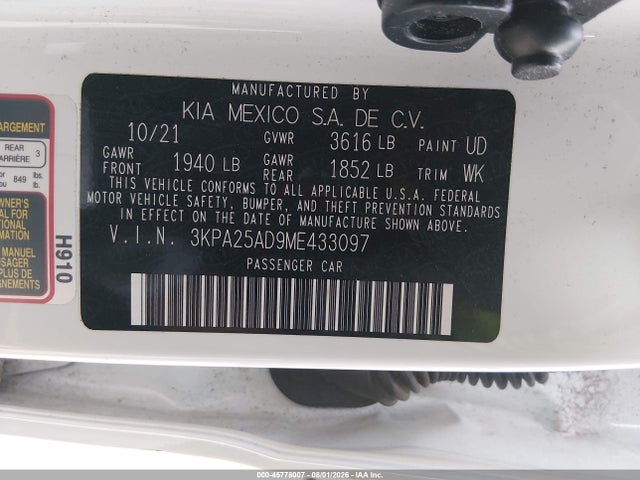 Aukcja sprzedaży 2021 Kia Rio 5-door S, vin: 3KPA25AD9ME433097, numer aukcji: 45778007