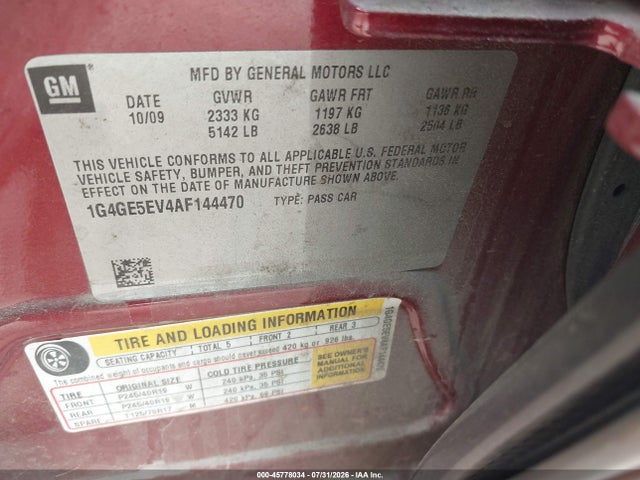45778034 :رقم المزاد ، 1G4GE5EV4AF144470 vin ، 2010 Buick Lacrosse Cxs مزاد بيع