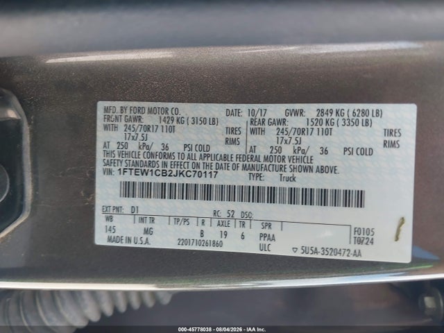 Продаж на аукціоні авто 2018 Ford F-150 Xlt, vin: 1FTEW1CB2JKC70117, номер лоту: 45778038