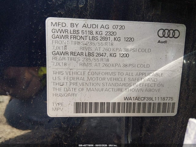 Продаж на аукціоні авто 2020 Audi Q3 Premium 45 Tfsi Quattro Tiptronic, vin: WA1AECF39L1118775, номер лоту: 45778058