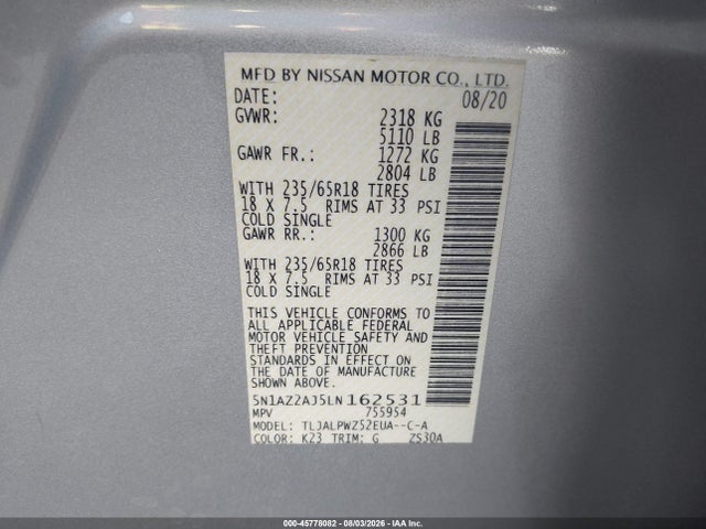 Продаж на аукціоні авто 2020 Nissan Murano S Fwd, vin: 5N1AZ2AJ5LN162531, номер лоту: 45778082