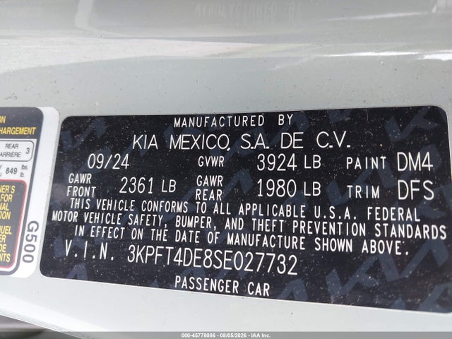 45778086 :رقم المزاد ، 3KPFT4DE8SE027732 vin ، 2025 Kia K4 Lxs مزاد بيع