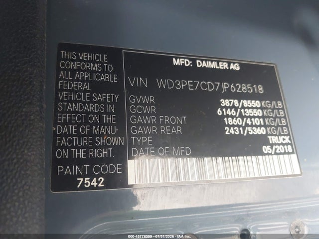 Aukcja sprzedaży 2018 Mercedes-benz Sprinter 2500 Standard Roof V6, vin: WD3PE7CD7JP628518, numer aukcji: 45778099