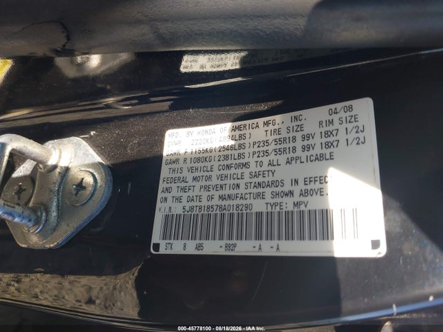 2008 Acura Rdx მანქანა იყიდება აუქციონზე, vin: 5J8TB18578A018290, აუქციონის ნომერი: 45778100