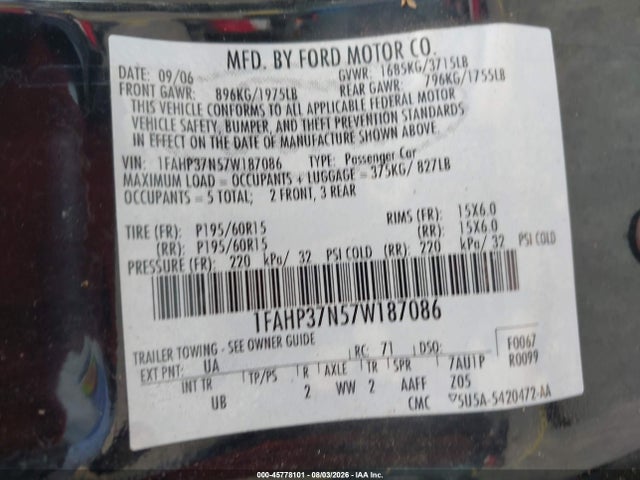 Продажа на аукционе авто 2007 Ford Focus S/se/ses, vin: 1FAHP37N57W187086, номер лота: 45778101