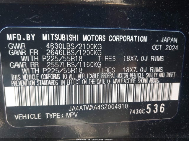 JA4ATWAA4SZ004910 Mitsubishi Eclipse Cross Black Edition S-awc/se S-awc/sel S-awc