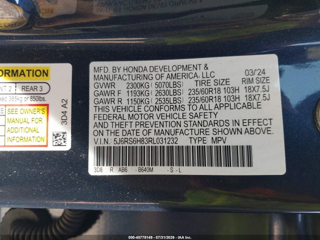 45778149 :رقم المزاد ، 5J6RS6H83RL031232 vin ، 2024 Honda Cr-v Hybrid Sport-l مزاد بيع
