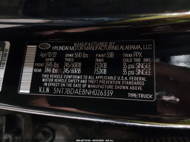 Продажа на аукционе авто 2022 Hyundai Santa Cruz Sel, vin: 5NTJBDAE8NH026339, номер лота: 45778150